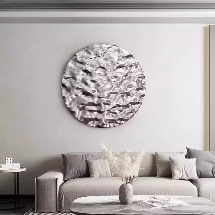 Light luxury modern metal wall decoration mirror stainless steel water wave pattern round decoration living room hotel backgroun