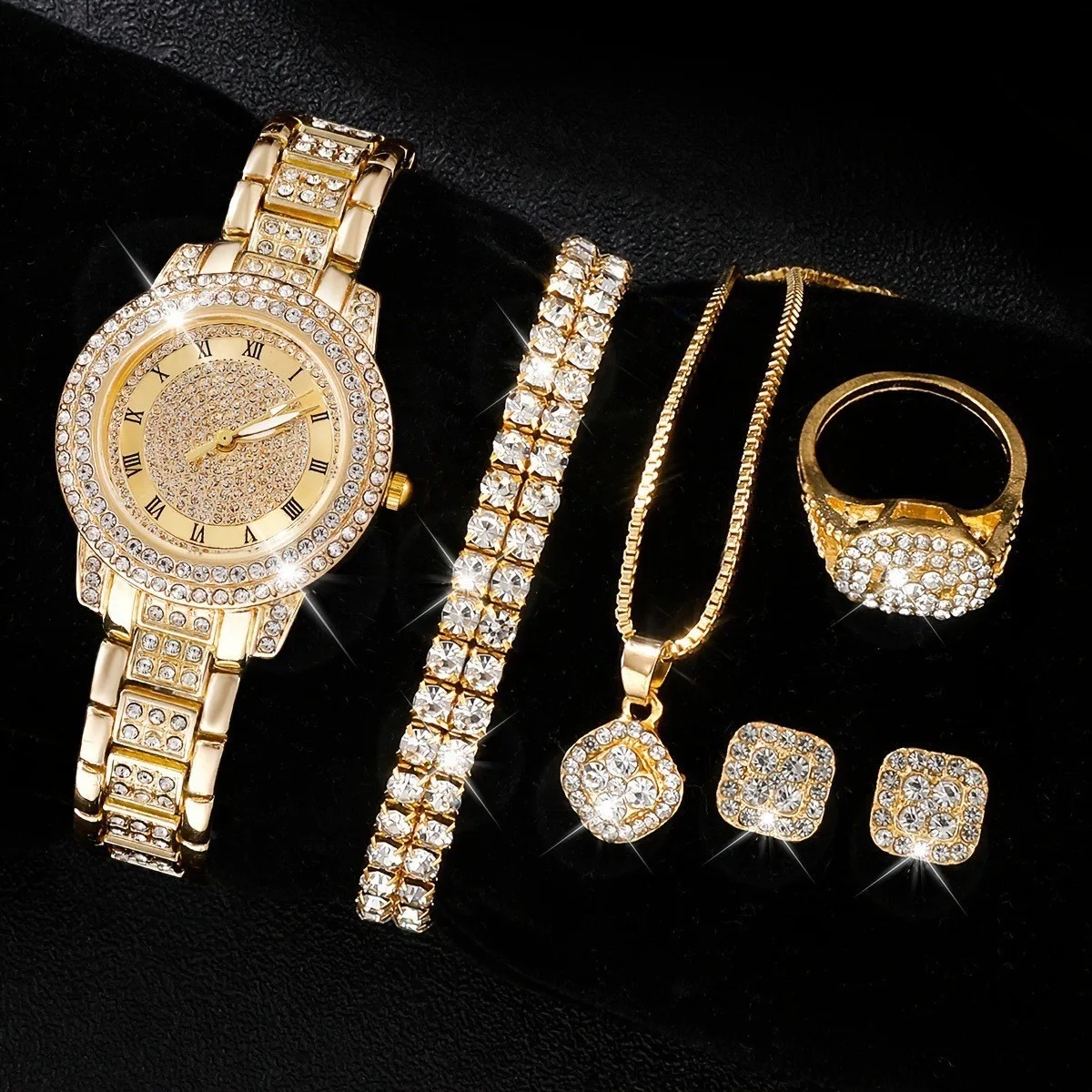 6-piece women's light luxury fashion quartz watch and sparkling accessory set for daily wear as gifts for friends and family