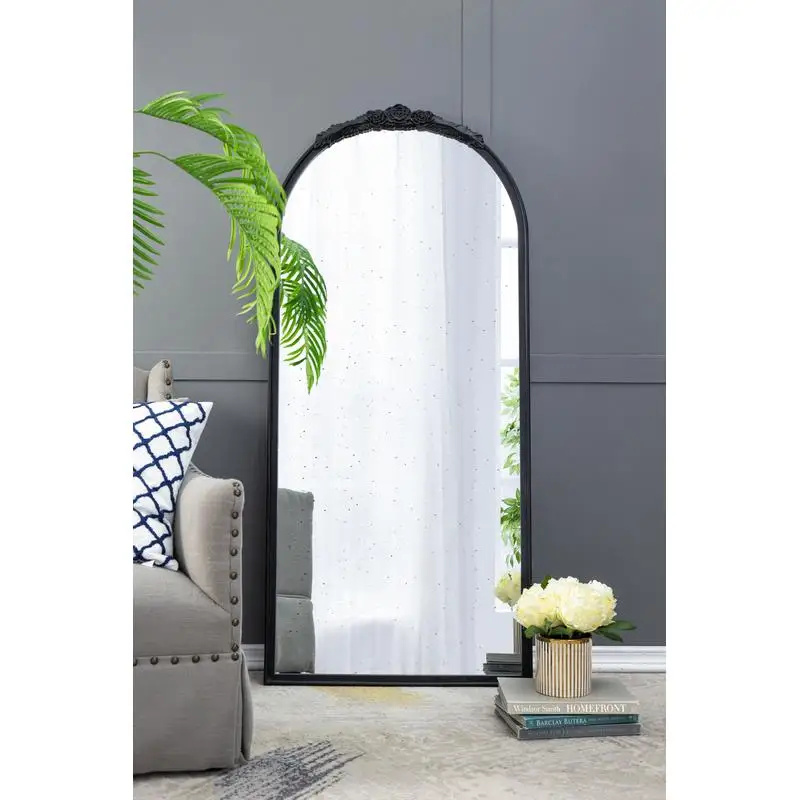 

30" x 65" Hand-Carved Antique Mirror Frame, Large Arch Mirror Wall Decor for Living Room, Bathroom, Entryway, Black Finish
