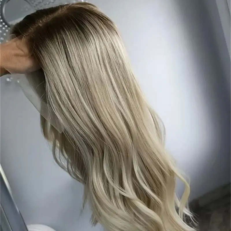 

Swiss HD Transparent Lace Ombre Platinum Blonde Highlight Lace Frontal Wig with Dark Roots Realistic Preplicked Hairline 26 Inch