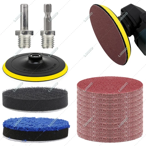 Gancho y bucle de papel de lija para lijadora Orbital aleatoria, hoja de papel de lija, disco de pulido, juego de esponjas para encerar, almohadilla amortiguadora, detalles de coche