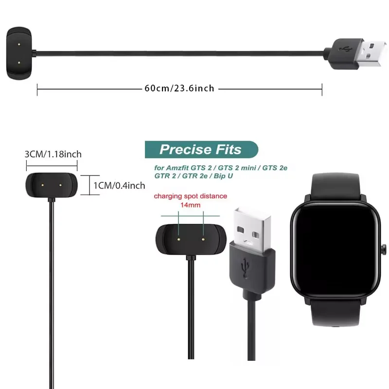 USB Smartwatch Charging Cable for Amazfit GTS 2, GTS 2 Mini, GTS 2E, GTS 4 Mini, T-Rex Pro, Bip 3, Bip U[60cm/23.6inch]