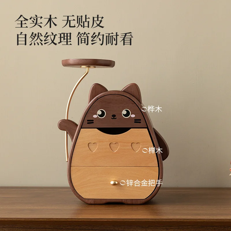 Desktop Storage Box with Wooden Drawers for Organizing Miscellaneous Items, Cute Cartoon Ornaments