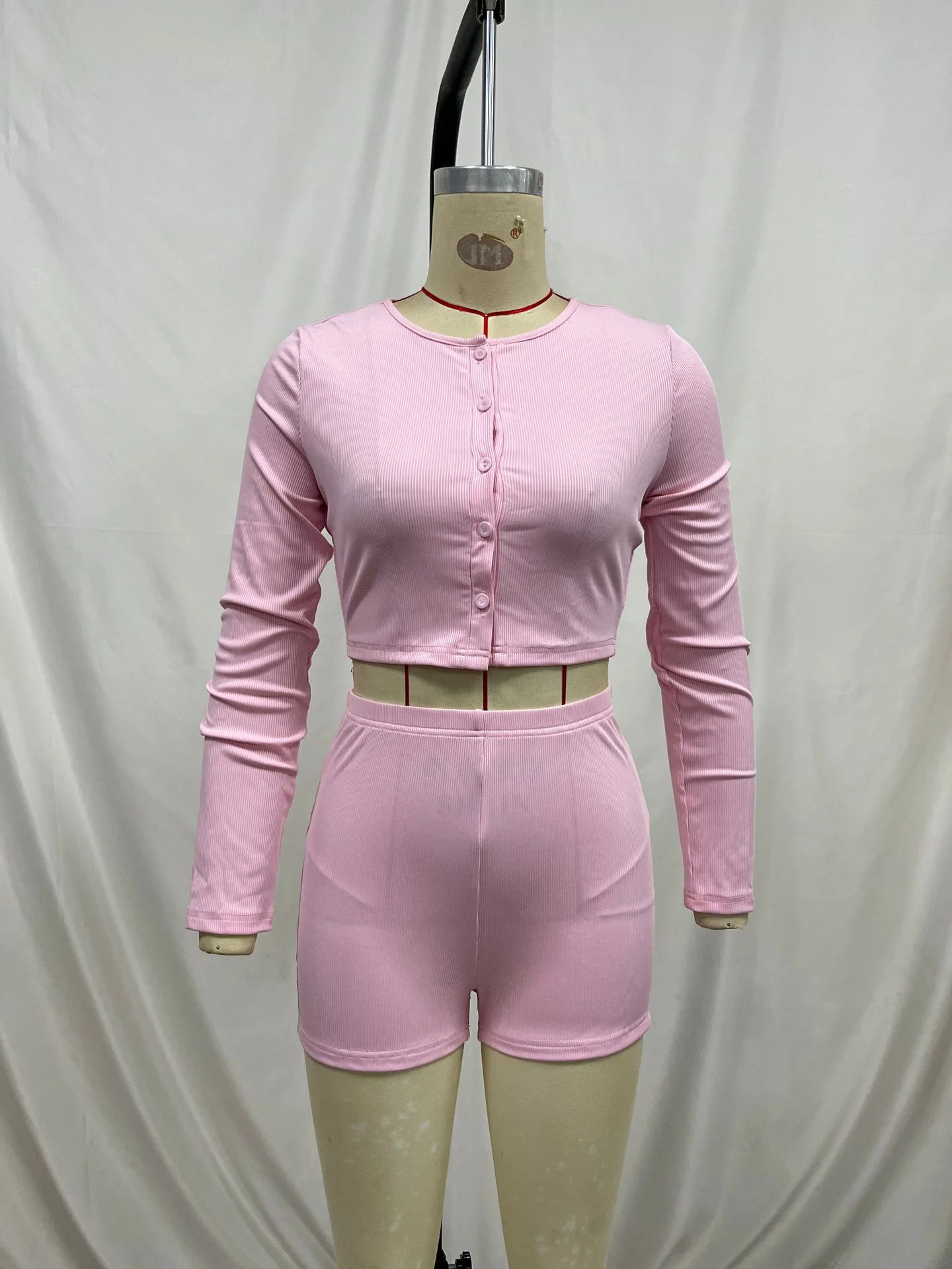 BKLD 2024 Women Clothing Round Neck Long Sleeve Single Breasted Crop Tops And High Waisted Shorts Fashion Casual Two Piece Sets