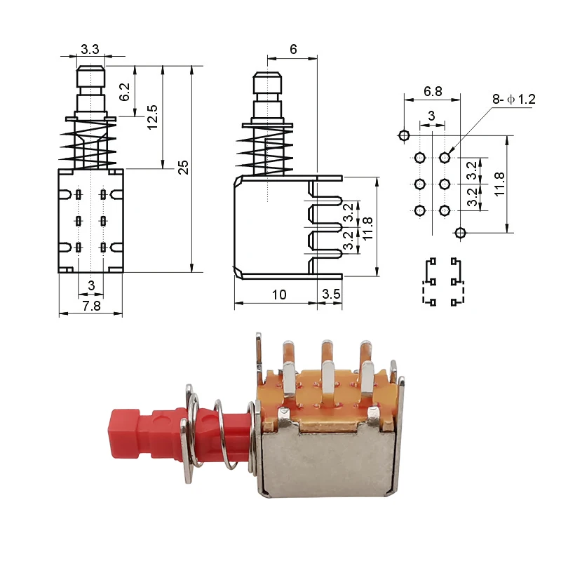 10Pcs A03 PS-22F03 Directly Switch 6 Pins Self-locking Key Power Switches Right Angle PCB Latching Push Button Switch Red Handle