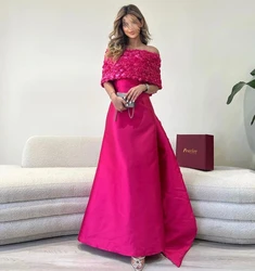 Fashionvane Bateau Neck Prom Dresses Handmade Flowers Wraps Zipper Back Evening Dress Long Maid of Honor Birthday Party Gowns