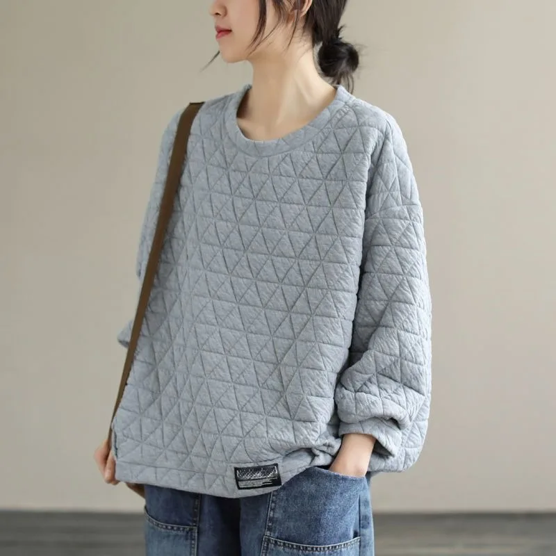 Retro Quilted Rhombus Plaid Round Neck Sweatshirt for Women in Autumn and Winter Loose Artistic Lazy Style Top Bottoming Shirt