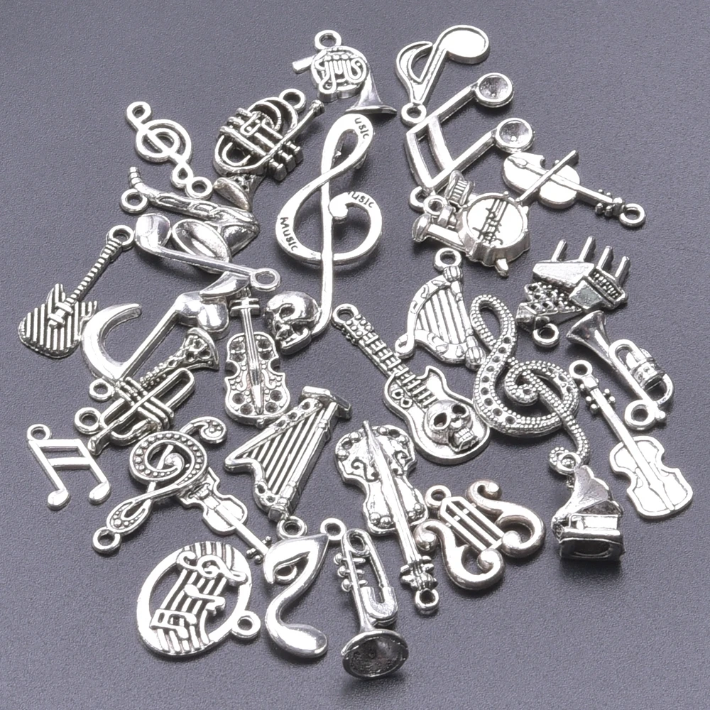 Silver Color Music Note Musical Instrument Mix Charm Bulk DIY Jewelry Making Supplies Guitar Pendant Handmade Materials Findings