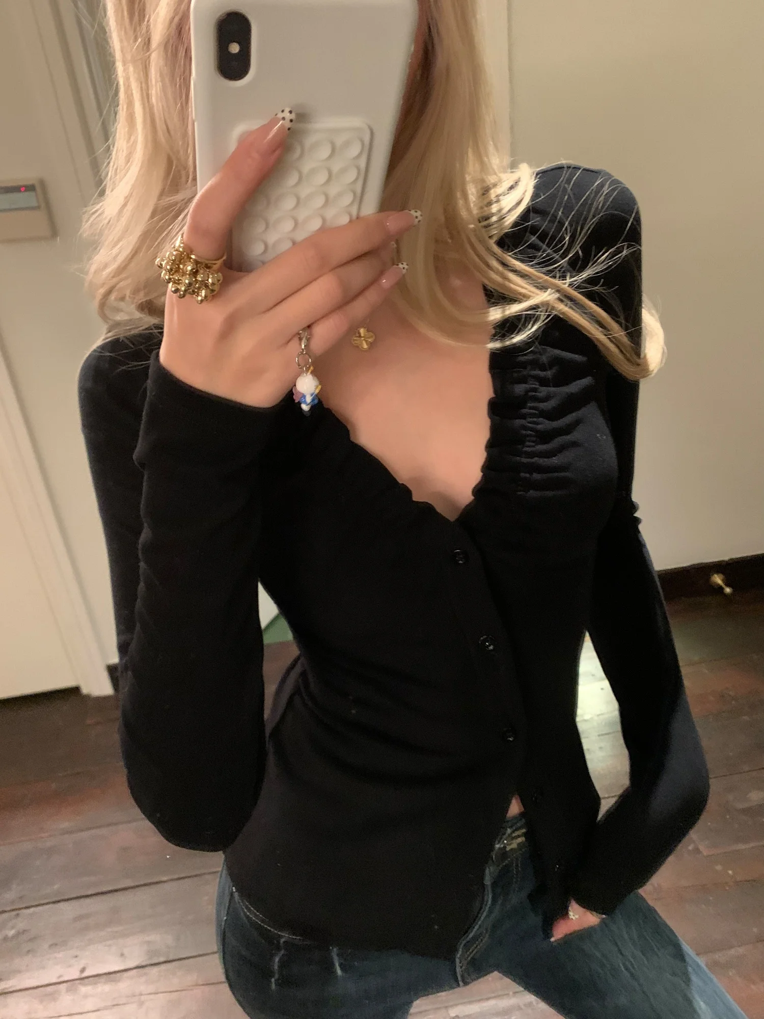 

Bla V-Ne Wooden Trim Base irt Women's Autumn Winter Slimming Long Sve T-irt Casual Sle Inner Wear Top