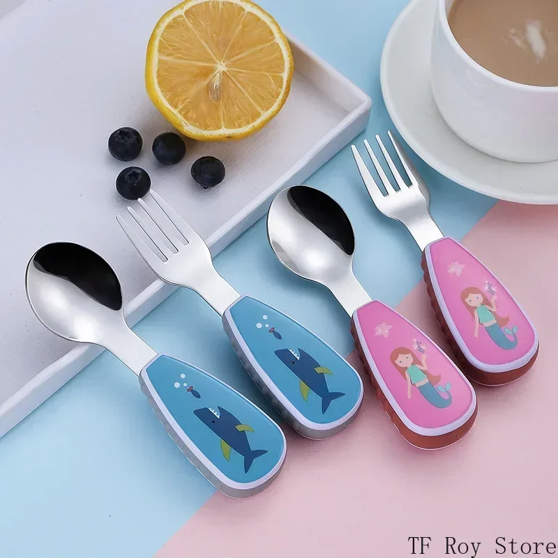 Cartoon Printing Baby Feeding Spoon Fork with Storage Box 304 Stainless Steel Baby Food Supplement Set Children's Tableware