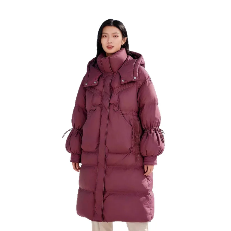 เสื้อแจ็คเก็ตขนเป็ดยาวสำหรับผู้หญิง รุ่นใหม่ประจำฤดูหนาวปี 2025 แขนทรงดอกตูม แฟชั่นทันสมัย มีฮู้ด อุ่นหนา