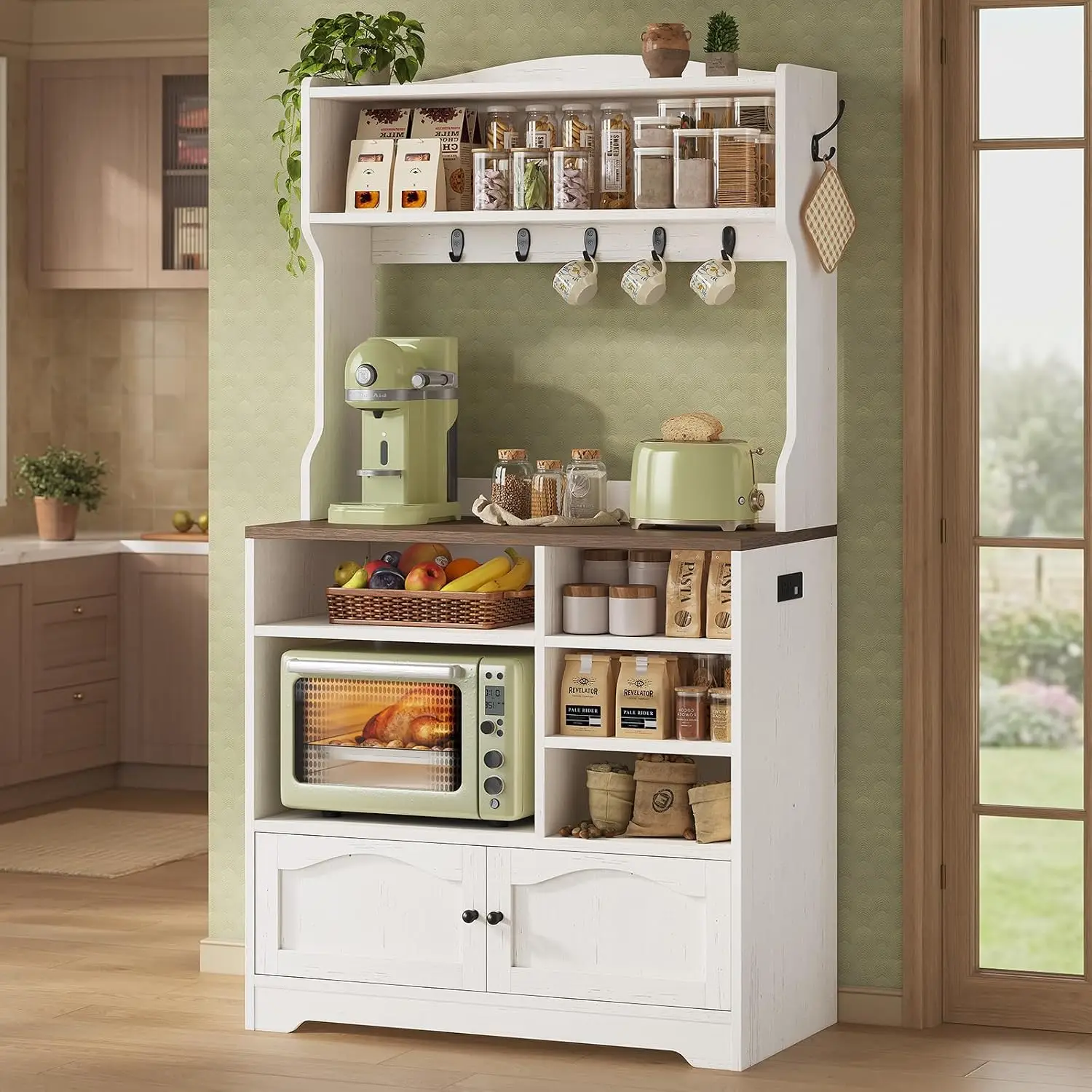 Bakers Rack with Storage and Power Outlet, 31.5 inch Farmhouse Coffee Bar Cabinet, Microwave Stand with Storage Cabinet, 7 Hooks