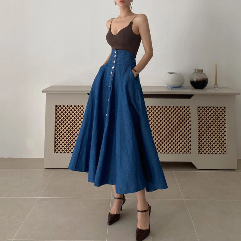 Chic Sexy V-Neck Knitted Crop Top High Waist Single Button Flared Denim  Skirt Fashionable Summer Outfit for Young Women view 4