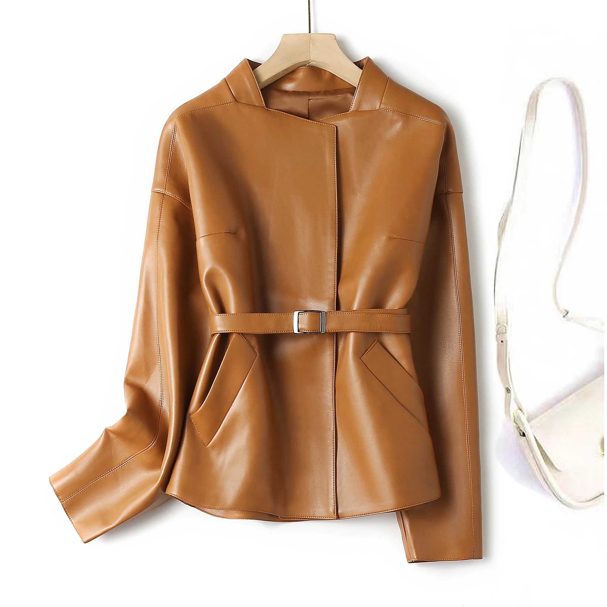 Damen Ort PU-Leder Jaet Taille-Cinching 2025, Frühling und Herbst, neuer SLE-High-End-Biker-Mantel mit lockerem Gürtel, schlankmachend, trendig