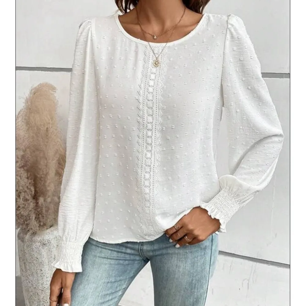 New Women\'s Round Neck Lace Patchwork Casual Solid Color Shirt 2024 Office Lady Orange Long-Sleeved Pullover Blouse Femme Blusas