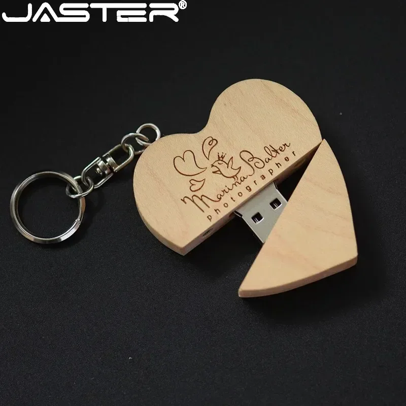 Флэш-накопитель с бесплатным логотипом Heart USB 2.0 64G Бесплатный брелок для ключей Деревянный свадебный подарок Ручка-накопитель 32G Память клен