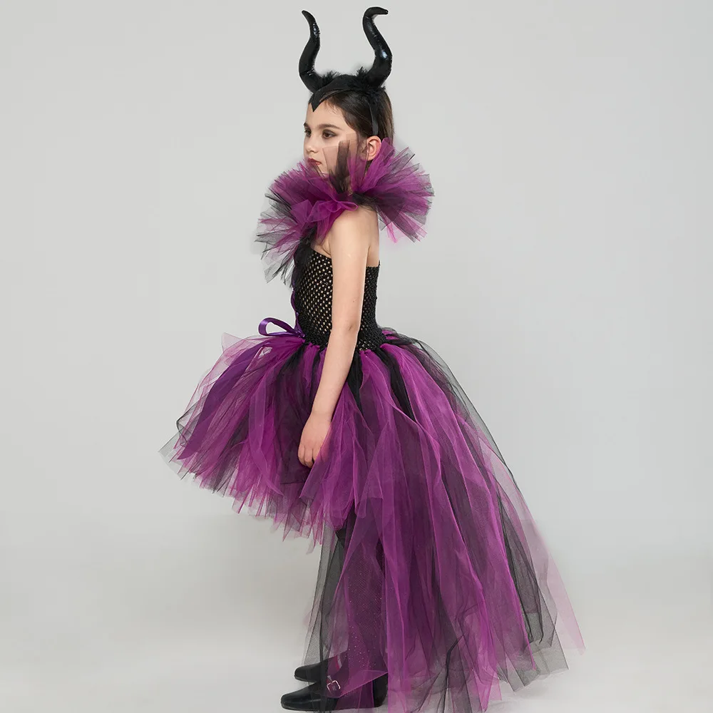 Mädchen Dark Angel Böse Königin Kostüm-Set Lila-Schwarzes Tüllkleid Mit Federflügeln Horn-Stirnband Für Halloween Karneval – Detail 6