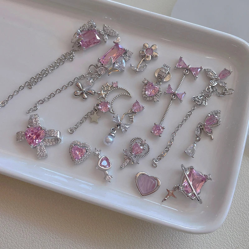 10 Stück koreanische japanische neue rosa Zirkon Anhänger Schmetterling Silber Bogen Liebe Blume Zauberstab Nail Art Schmuck