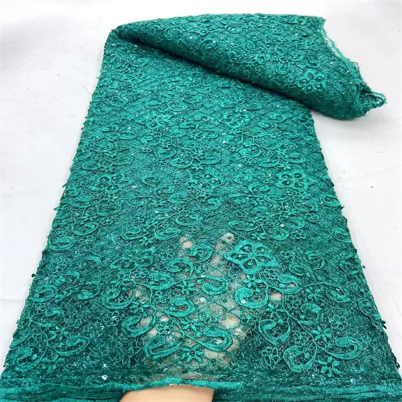 

African Nigerian lace fabric Green sequins pearls 3D african lace fabric high quality French Sequins Tulle Fabric for bridal