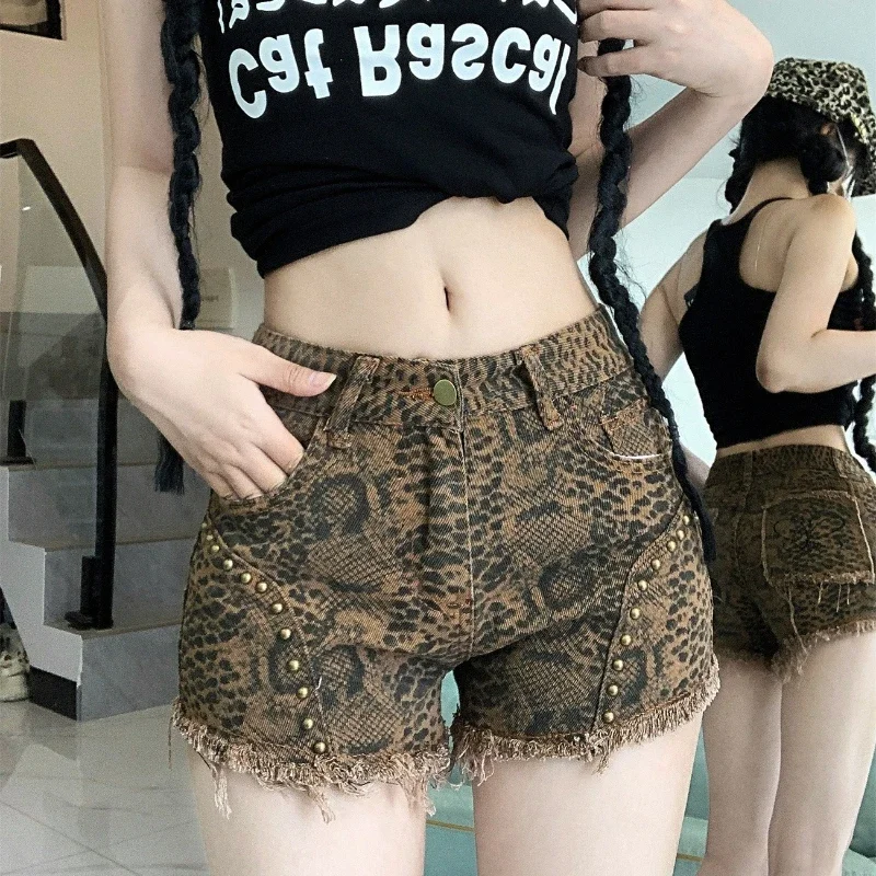 

брюки женские Женские джинсы леопардовые джинсовые шорты летние популярные вечерние брюки с высокой талией Y2K уличная одежда, винтажные узкие джинсовые шорты трапециевидной формы для похудения