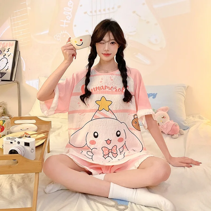 Cinnamoroll Women's Summer Cloud Cotton Pajama Set Short Sleeve Round Neck Loose Fit Cute Cartoon Print Comfy Home Loungewear view 2