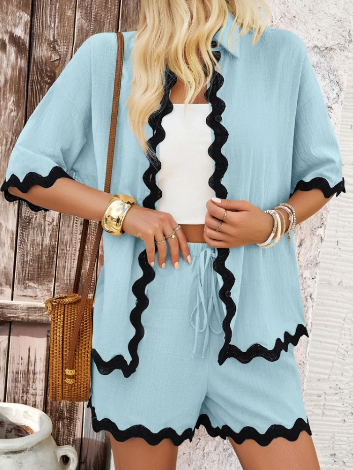 Leisure Women's Summer New Two Piece Set Youth Leisure Wave Color Contrast Lace Shirts & Blouses Tie Up Elastic Waist Shorts Set