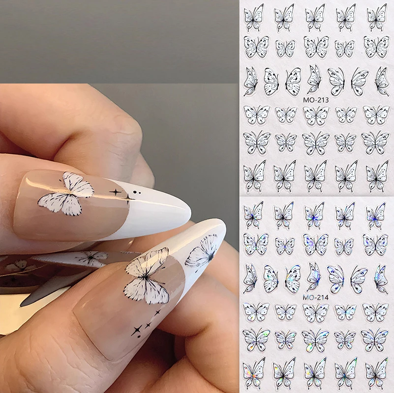 Autocollants pour ongles en relief 5D, papillons blancs au clair de lune, curseur adhésif, décorations pour manucure