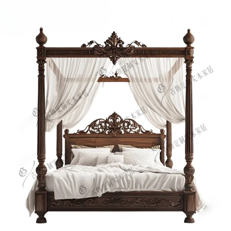 French retro solid wood bed/medieval master bedroom 1.8 meters double bed/American master bedroom carved wedding bed/can be cust