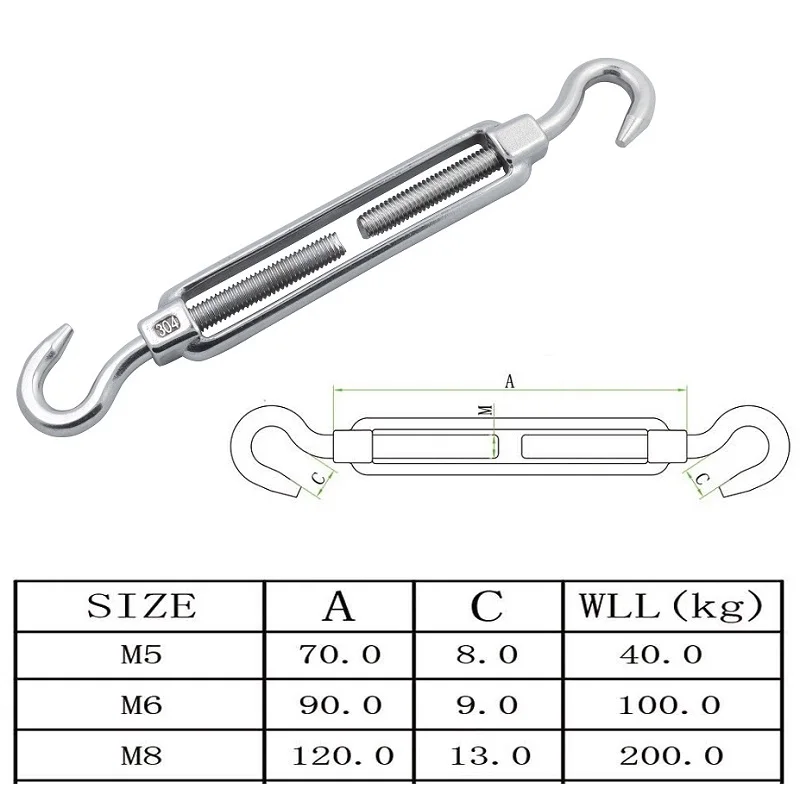 5PCS Stainless Steel 304 Turnbuckle Hook And Hook  Wire Rope Tension Heavy Duty M5 M6 M8 For Sun Shade Sail Cable Railing