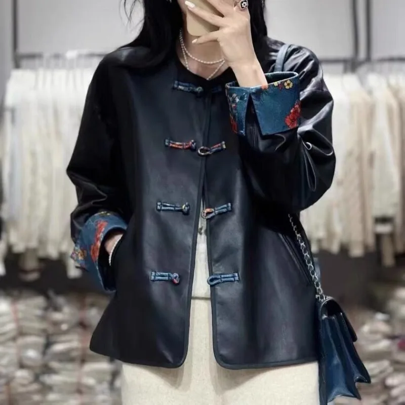 

Chinese Style Spring 2026 Female New Simulation Leather Sheepskin Jacket Buckle Leather Jacket Loose and Thin Coat Women's Trend