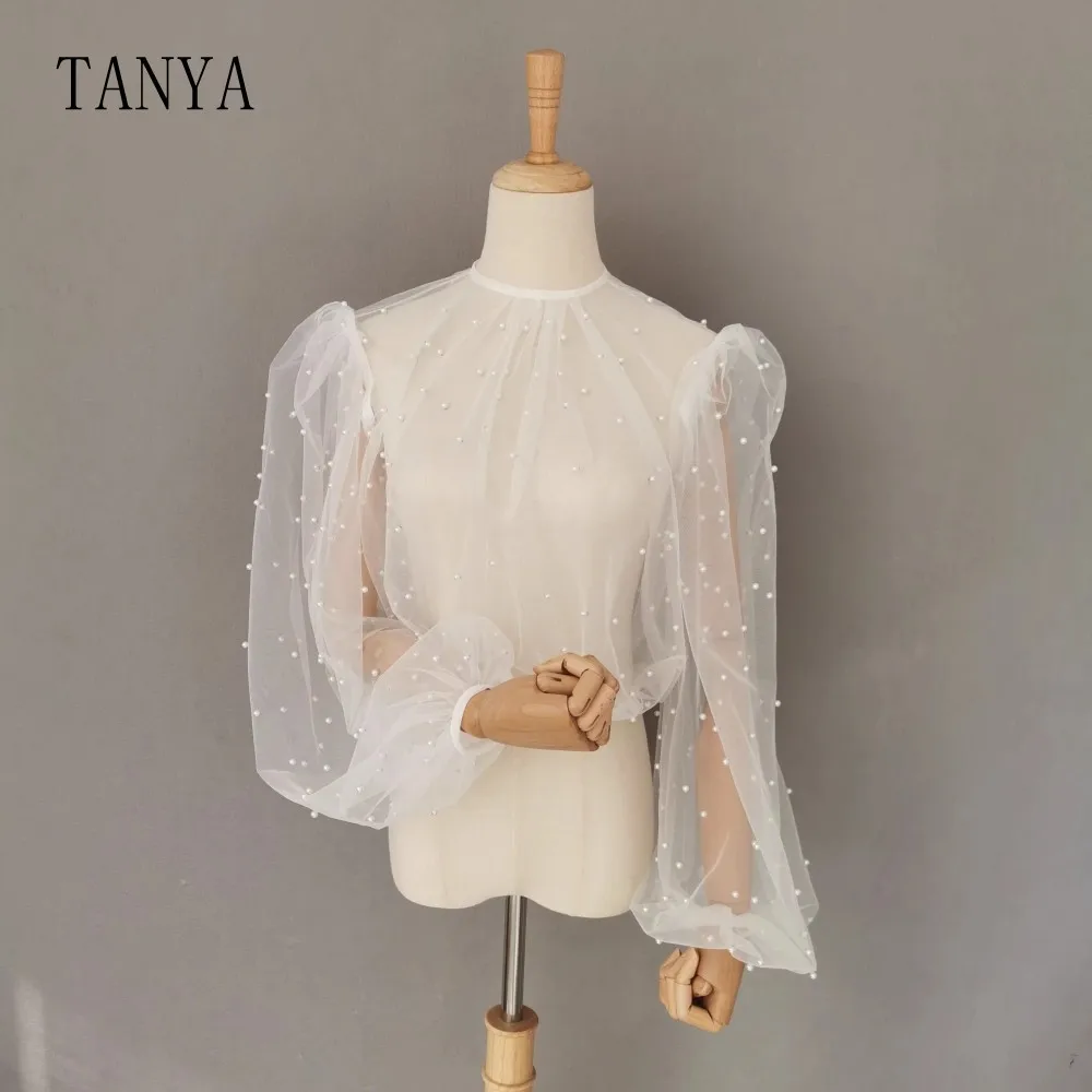 

Elegant Tulle Puff Long Sleeves Wedding Cape With Pearl Simple Stunning Bridal Wrap Jacket Chic TSWD002