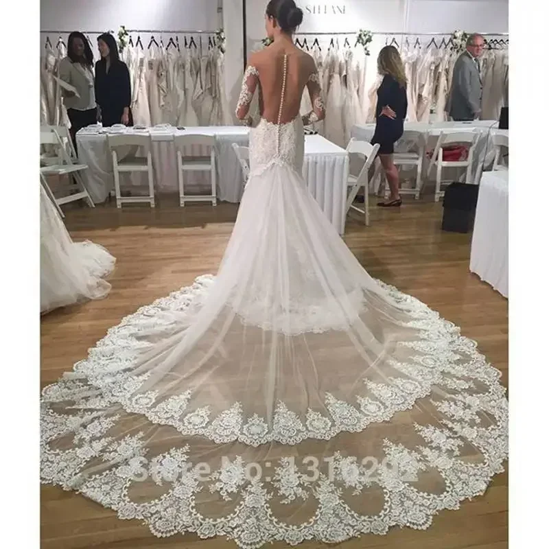 Personalizado mangas compridas sereia vestidos de casamento para as mulheres 2025 vestidos de noiva mangas compridas ilusão botões voltar vestidos de noiva