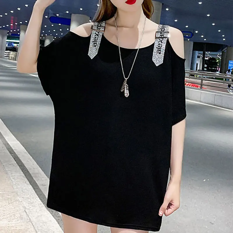 Streetwear Solid Color Fashion Slash Neck T-shirt Women\'s Clothing Sexy Off Shoulder Summer Casual Spliced Loose Midi Pullovers