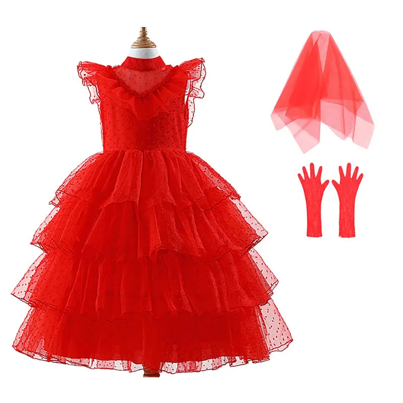 Halloween Lydia Deetz Costume For Girl Wedding Dress Beetlejuice Child Up Cosplay Tunic+Headscarf+Glove 3pc Set Kid Forck