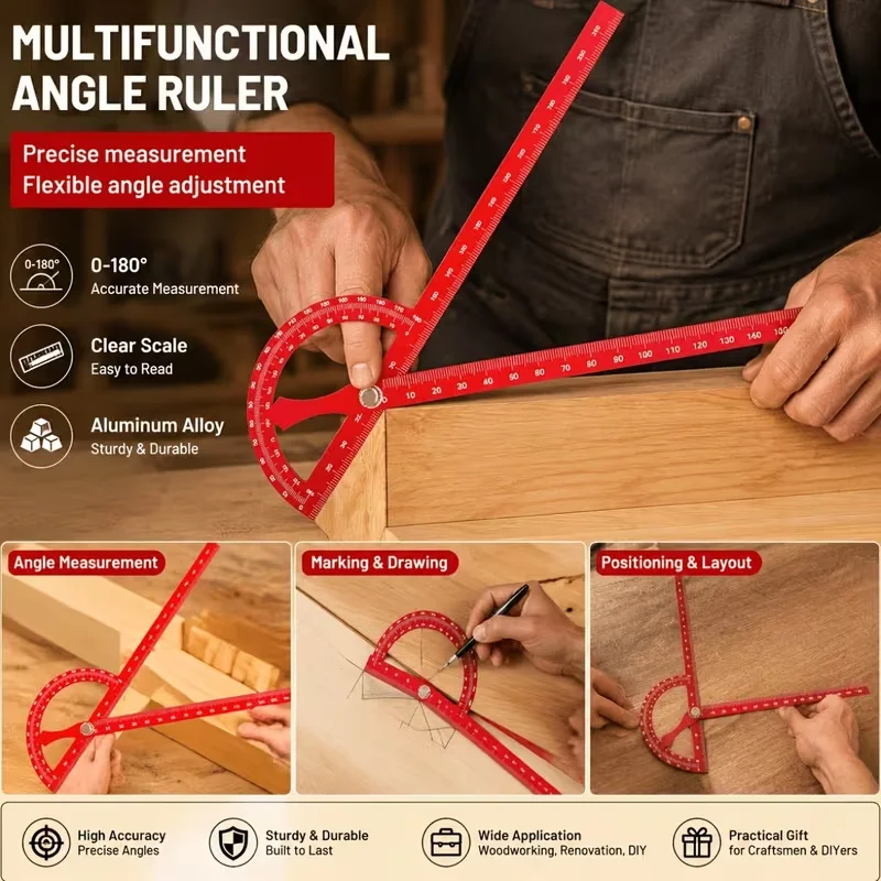Aluminum alloy adjustable square with scale, 180-degree semicircular positioning tool, extended carpenter's square