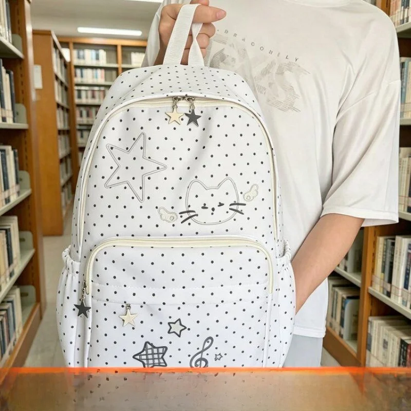 2026 New Cute Polka Dot Rabbit Dual Shoulder Backpack Women's Korean Style Versatile School Bag University Students Class Bag