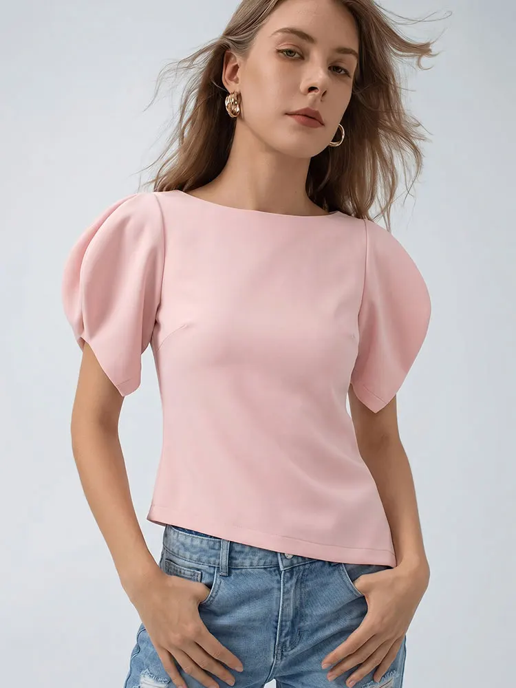 HH Damen-Bluse mit Puffärmeln, asymmetrischer Saum, U-Boot-Ausschnitt, Reißverschluss hinten, lässig, Sommer, Urlaub, Mode, Party, lockeres Hemd