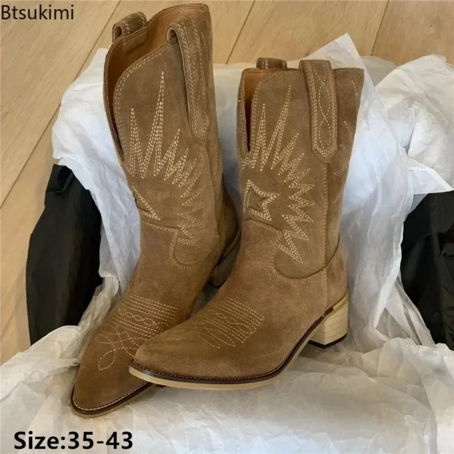 

2025 Women's Embroidered Boots Leather Handmade Pointed Toe Spike Heel Autumn Winter Boots Cowboy Western Retro Botas De Mujer