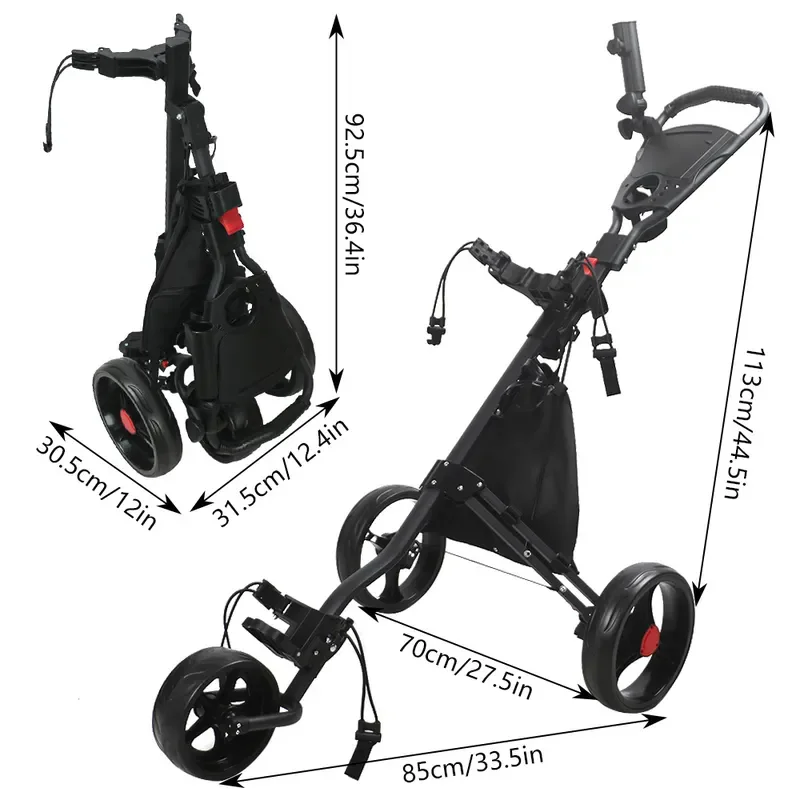 Foldable Aluminum Golf Tricycle with Umbrella Stand and Ice Pack Lightweight Push Cart for Golf Course Accessories Easy