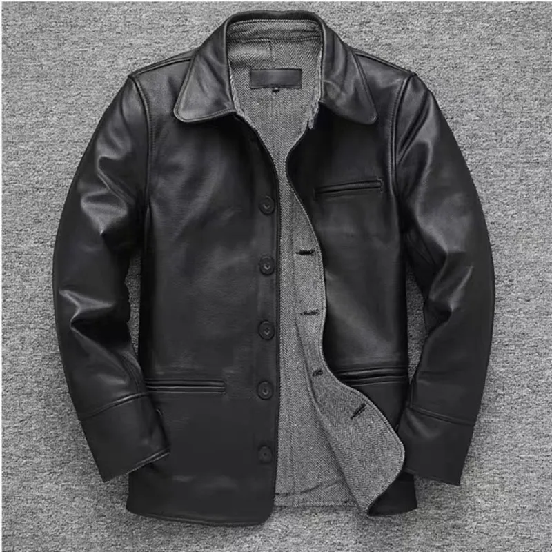 

Employee Workwear Genuine Leather Jacket Men's Medium-Long Cut Top Grain Cowhide Dark Brown Flap Casual Blazer Outdoor Riding