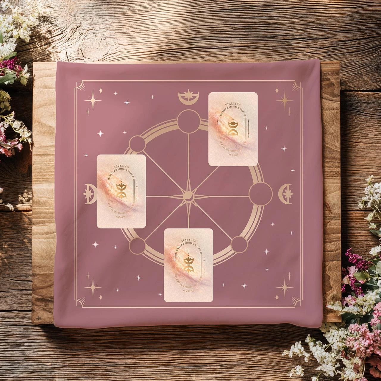 Pink Moon Phase Wheel Altar Cloth, Wicca Pagan Tarot Mat with Star Print for Witchcraft Ritual Decor
