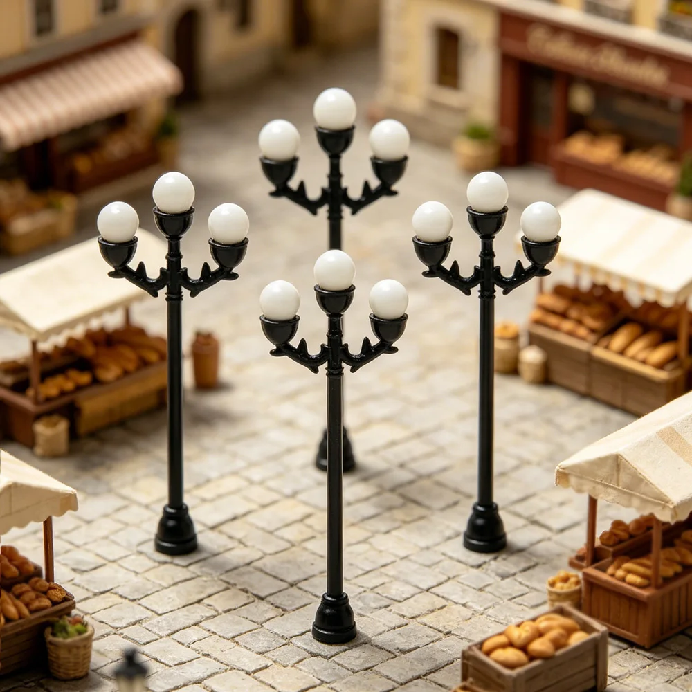 4pcs Non-Luminous 3-Head Round Globe Street Lamp Miniature Models,Light Ornaments, Premium Architectural Model Display Additions