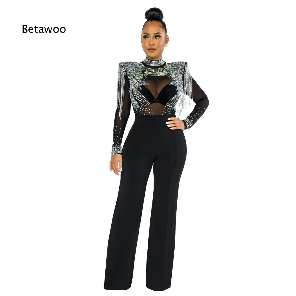 Women High Neck Sheer Jumpsuit With Rhinestone And Tassel Decoration Slim Fit Design For Night Club Party Dating And Special So