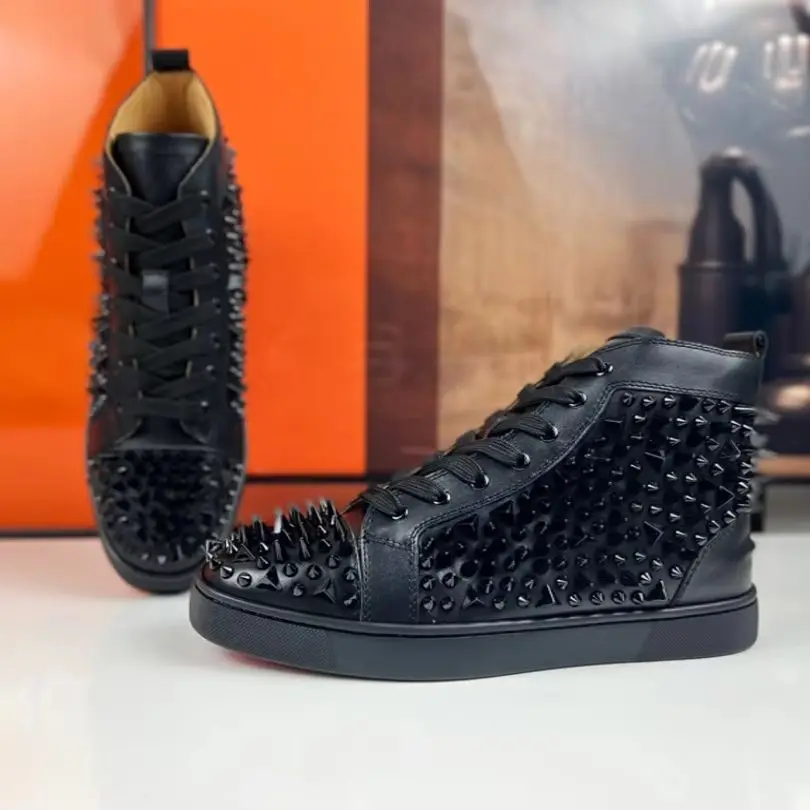 Luxury High Top Black Leather Shoes Messy Spiked Studded Footwear Lace Up Red Bottom Shoes For Men Fashion  Wedding Casual Shoes