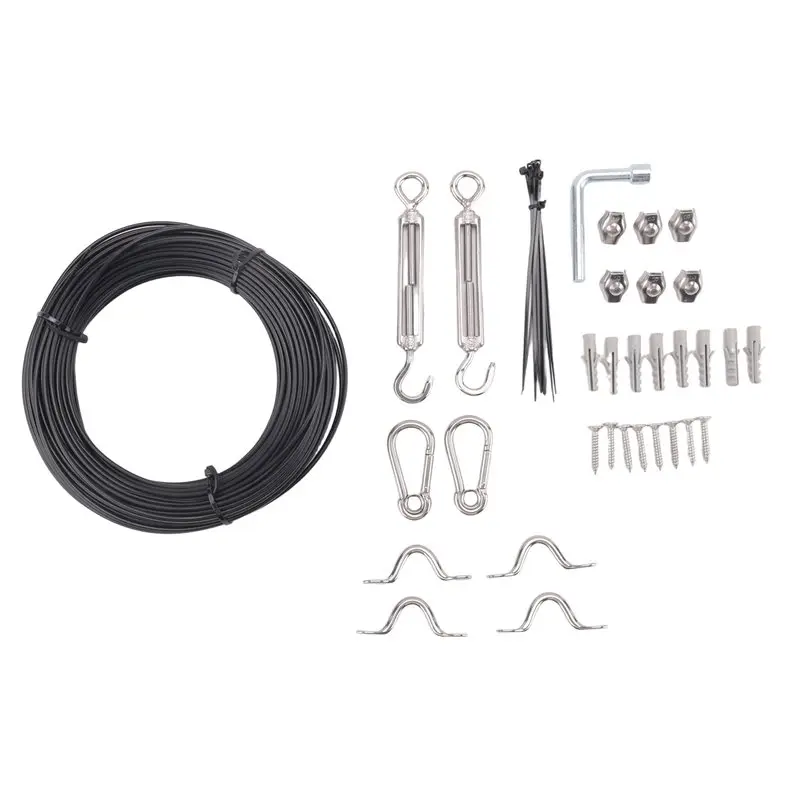 

A20F-Outdoor String Light Hanging Kit, 200 Ft. Stainless Steel (304) Hanging Rope Cable, Black Vinyl Coating, Swivel Buckle