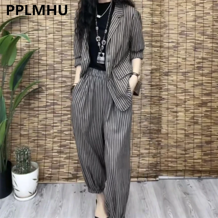 Vintage Striped Loose Tracksuits 2 Pieces Sets Oversize 4XL Suits Thin Unlined Blazer Shirts Capris Harem Pants Casual Outfits