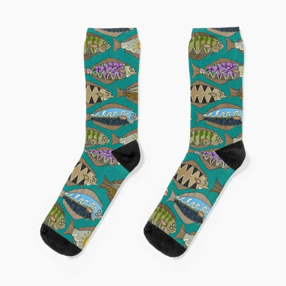 Alaskan halibut teal Socks Run floral Women Socks Men's