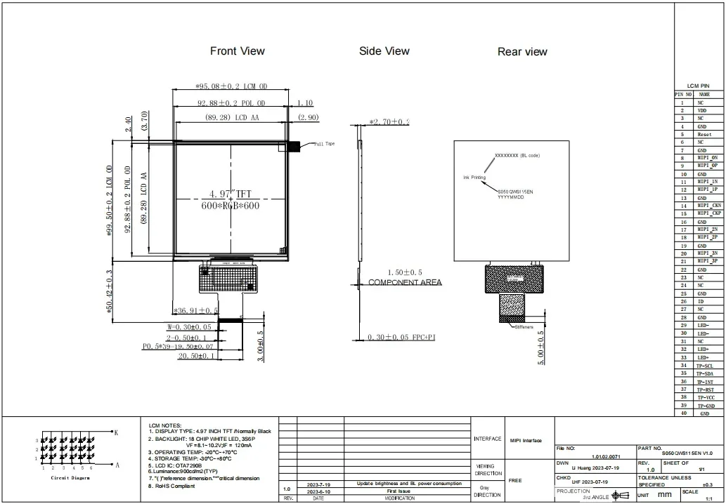 5 بوصة مربع شاشة الكريستال السائل القرار 600x600 OTA7290B سائق IC TFT شاشة LCD لمساعد AI المنزل الذكي POS #5