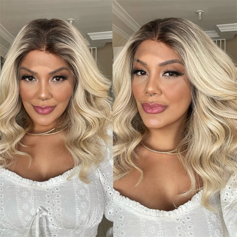

Женский парик Ombre Blonde Highlight Brunette Lace Front Wig Термостойкий синтетический парик Невидимое прозрачное кружево 14 дюймов Wave Bob