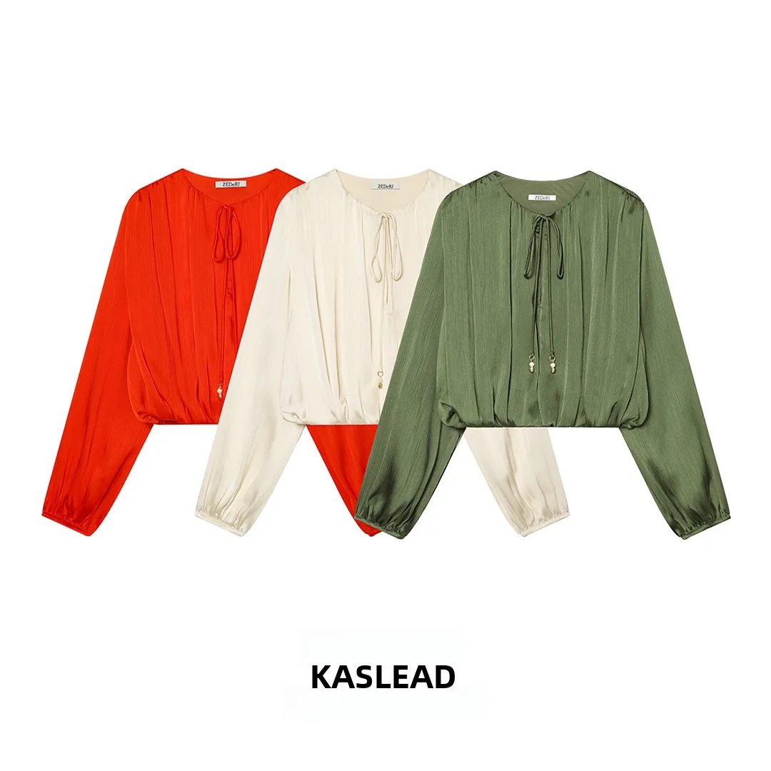 

KASLEAD Women's Balloon Sleeve Silk Satin Feel Shirt Versatile Style Loose Fit Polyester Fiber Long Sleeve round Neck Short L...